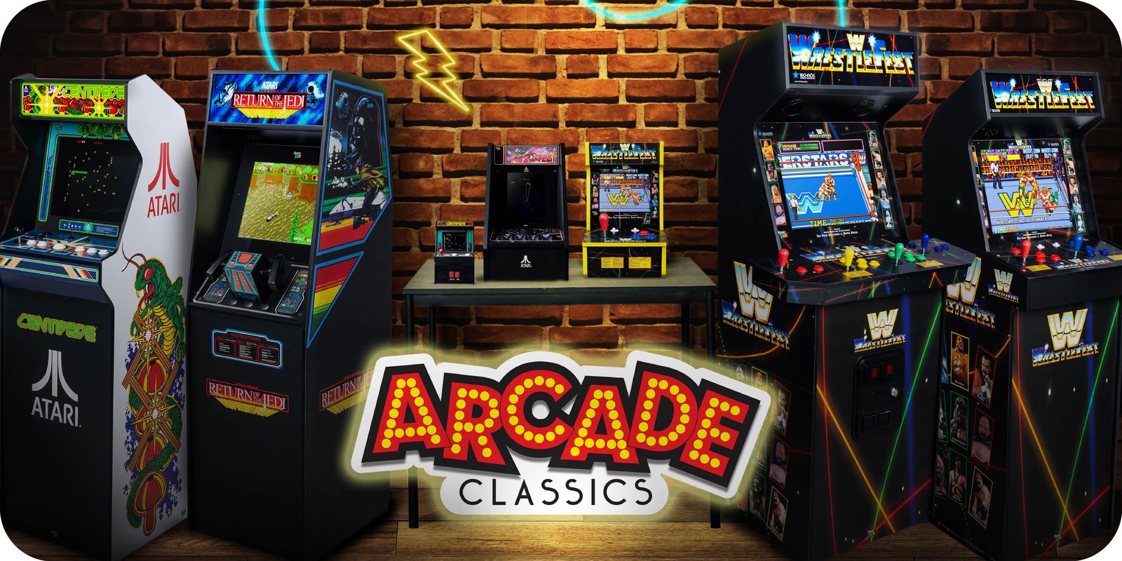 Arcade Classics cabinet line-up from full height to handheld