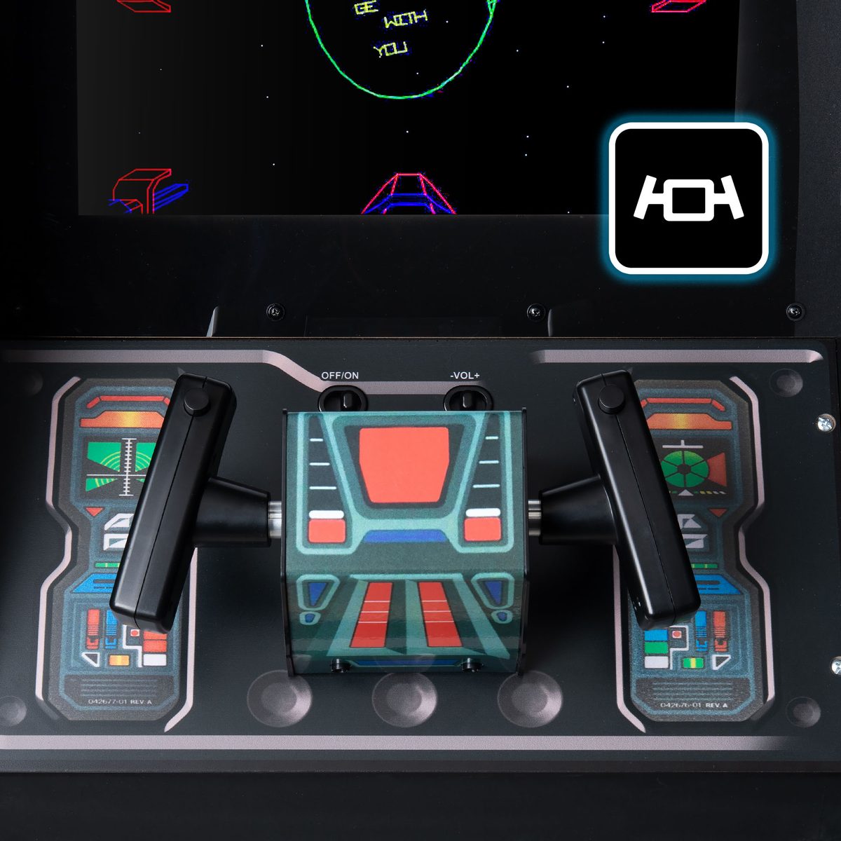Arcade Classics control panel with trackball and buttons in close-up