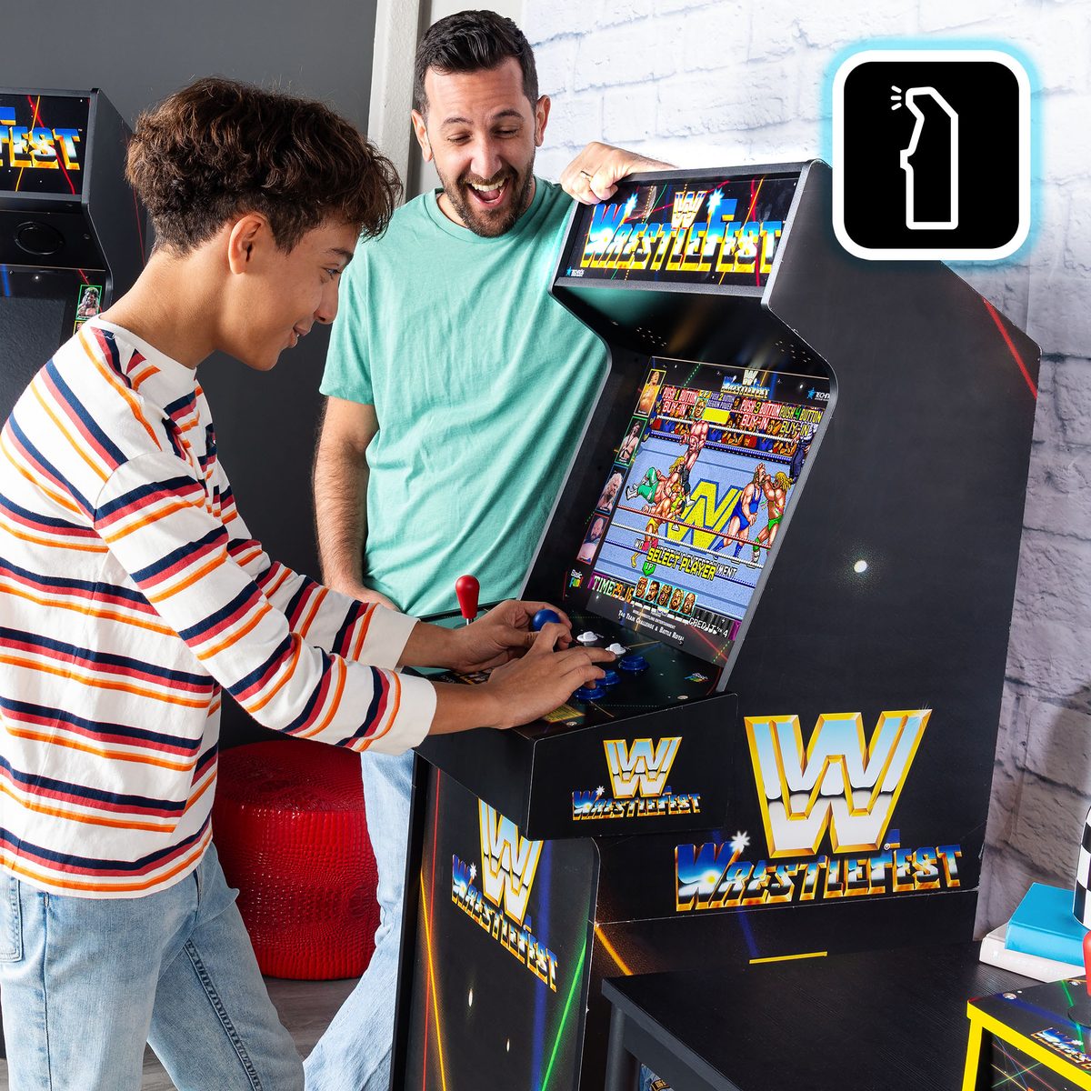Two players at an Arcade Classics full-height arcade cabinet